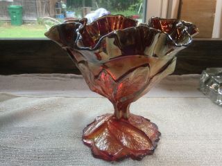 Carnival Glass VINTAGE IMPERIAL Acanthus Leaf Sunset Ruby Pedestal BOWL 3