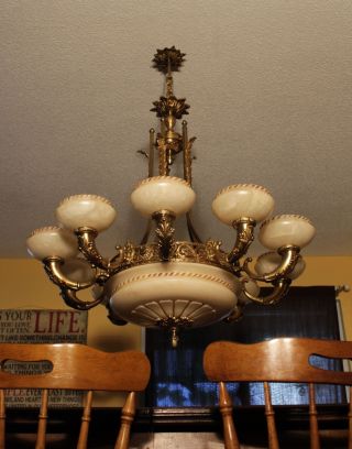 Pair huge Light fixture chandelier solid bronze & real alabaster America made 2