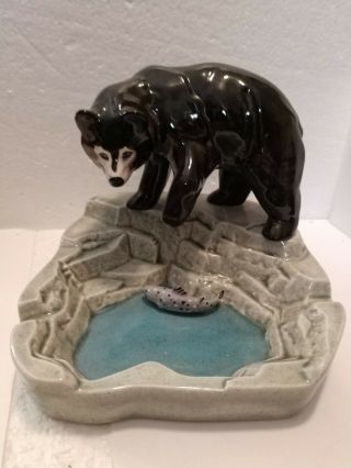 Vintage Black Bear Fishing Ceramic Ashtray For Coffee Table Or Desk Very Unique