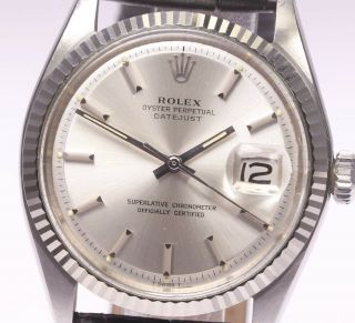 Vintage 1971 Rolex Datejust 1601 Silver Pie - Pan Dial 18k Wg Fluted Bezel 36mm