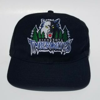 Vintage 90s Minnesota Timberwolves Adjustable Strapback Nba Hat Black - Very Good