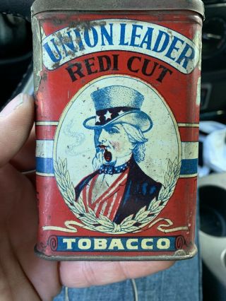 Union Leader Pocket Tobacco Tin Uncle Sam Advertising,  Red White And Blue.