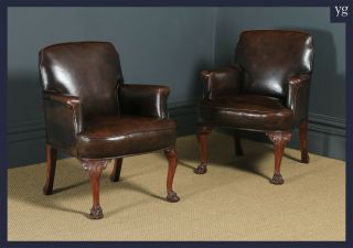 Vintage Pair Georgian Style Brown Leather Upholstered Library Office Armchairs