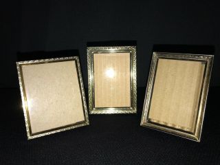 3 Vintage Gold Metal Embossed Photo Picture Frames Mcm Deco Easel Back 2.  5x3.  5 "