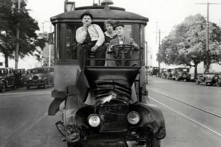Laurel And Hardy 24x36 Poster In Vintage Car Crushed By Tram Classic