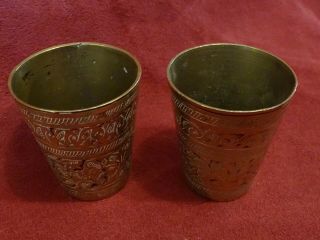 Vintage Indian Brass Lassi Cups,  Etched,  Set Of 2 2