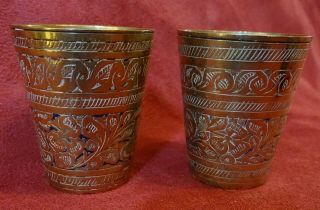 Vintage Indian Brass Lassi Cups,  Etched,  Set Of 2 3