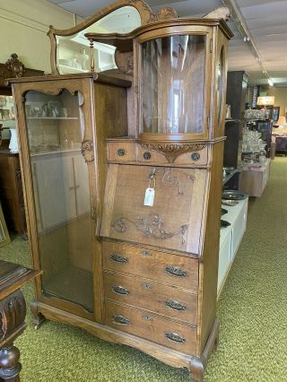 Antique Victorian Golden Oak Slant Drop Front Secretary Desk Bookcase W/ Mirror