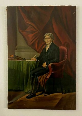 American President Thomas Jefferson Antique 19c Folk Art Portrait Oil Painting