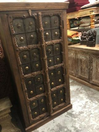 Antique Armoire Rustic Primitive Iron Cladded Storage Cabinet Farmhouse Chest
