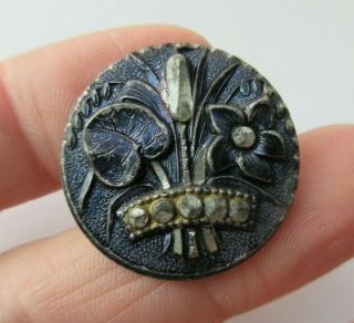 Wonderful Antique Vtg Tinted Pewter Metal Picture Button W/ Plant Life 1 " (e)