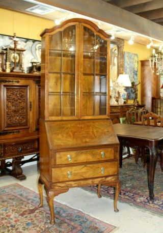 English Antique Burled Walnut Queen Anne Secretary Desk / Bookcase