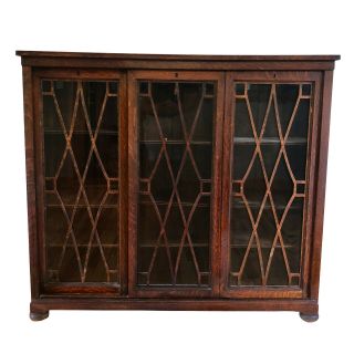 Antique Arts & Crafts Quartersawn Oak 3 Sliding Door Library Bookcase Cabinet