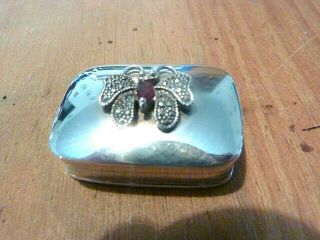 Antique /vintage Solid Silver Pill Box/ Snuff Box With Butterfly Lid Stamped 92
