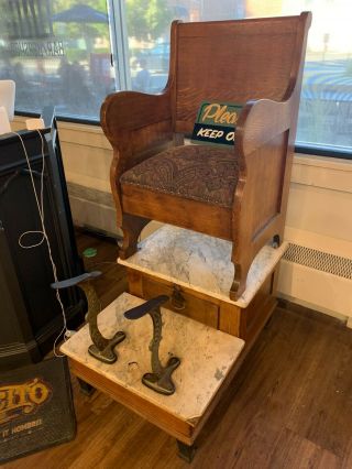 Antique Shoe Shine Chair Station Vintage Marble Wood Rare Barbershop Decor Cloth