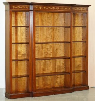 Mahogany & Walnut Marquetry Inlaid Breakfront Library Bookcase Part Of Suite