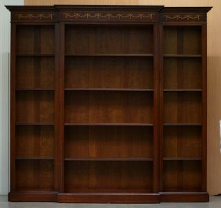 MAHOGANY & WALNUT MARQUETRY INLAID BREAKFRONT LIBRARY BOOKCASE PART OF SUITE 2