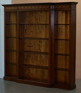 MAHOGANY & WALNUT MARQUETRY INLAID BREAKFRONT LIBRARY BOOKCASE PART OF SUITE 3
