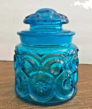 Vintage Le Smith Moon And Stars Blue Glass Small Canister Jar With Lid -