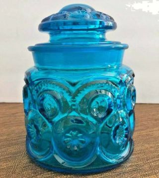 Vintage LE Smith Moon And Stars Blue Glass Small Canister Jar With Lid - 2
