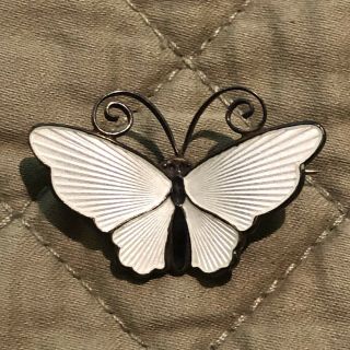 Vtg Norway Sterling David Andersen Small White Guilloche Enamel Butterfly Pin