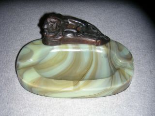 Green Slag Akro Agate Like Glass Ashtray With An Mgm Art Deco Looking Lion