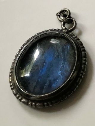 Antique Vintage Art Deco Oval Sterling Silver And Blue Butterfly Wing Pendant