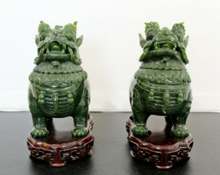 Chinese Carved Jade Fu Dog Table Sculpture Vessels On Wood Bases