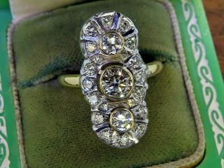 Vintage 18k Gold & Palladium Art Deco Antique Three Stone Diamond Cocktail Ring