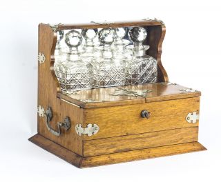 Antique English Victorian Oak Three Crystal Decanter Tantalus C1870