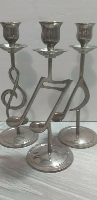 Vintage Rare Set Of 3 Plated Brass Musical Notes Candleholders India 9 "