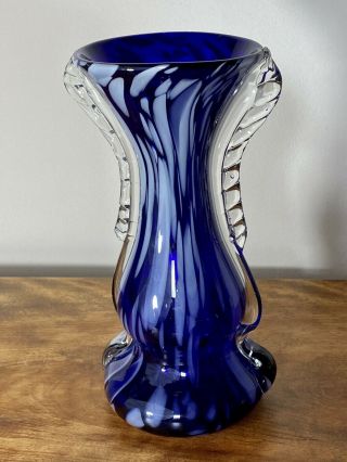Vintage Czech Hand Blown Spatter Glass Vase Blue White Clear Feather Edge