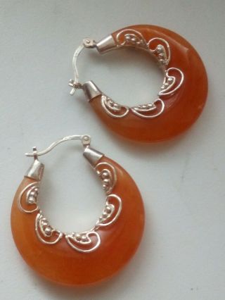 925 Sterling Silver Orange Jade Earrings Hoop Filagree Swirls 1 " Hoops Vintage