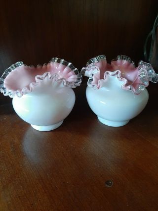 Vintage Fenton Glass Dishes Pink White Ruffles Bowl Vase