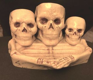 Ceramic Skull Skeleton Cigar And Match Holder Striker Ashtray