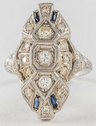 Antique Art Deco Platinum Diamond Filigree Long Dinner Ring With Sapphires