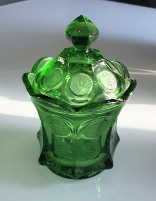 Vintage Fostoria Emerald Green Coin Pattern Candy Dish Jar With Lid