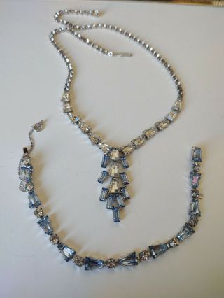 Vintage B.  David Blue And Clear Rhinestone Necklace With Matching Braceelet