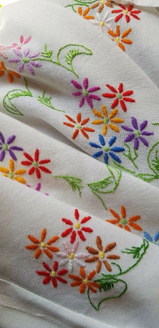 Vintage Antique White Linen Cotton Hand Embroidered Flowers Tablecloth