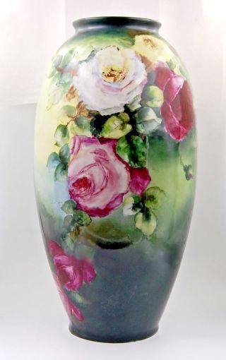 Limoges Antique France Hand Painted Porcelain Vase Gorgeous Roses 21 "