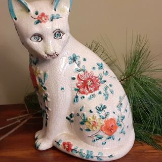 Cat Figurine Flowered Large 11.  5 Inches Glazed Porcelain Vintage 1960s