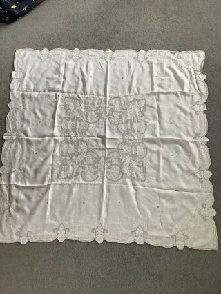 Vintage Pretty Square Linen Ivory Embroidered Tablecloth With Scalloped Edges