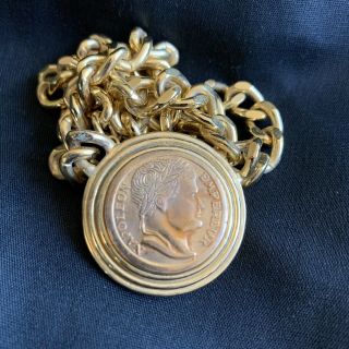 Vintage French Napoleon Coin Pendant Necklace Gold Tone Wide Chain 18.  5 " X1 1/4 "