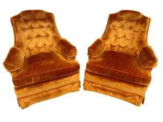 Mid Century Orange Velvet High Back Arm Chairs - Vintage