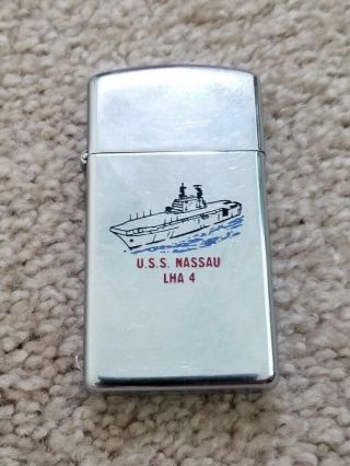 Vintage Zippo Slim Lighter Uss Nassau Lha 4 Double Sided Us Navy Military