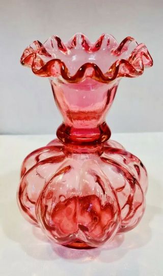 Vintage Fenton Cranberry Melon Ball Ruffled Edge Vase