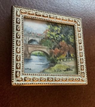 Vintage Dolls House Miniature Hand Painted Signed Picture Brass Gilt Frame Glass