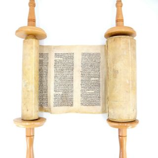 Antique Jewish Big Torah Bible Scroll On Parchment W Vintage Living Trees Handle