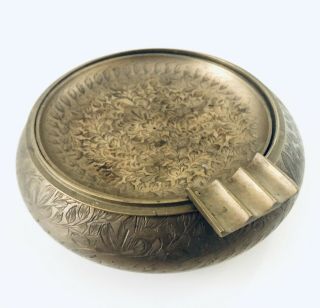 Antique Old Collectible Hand Carved Flower Design Brass Round Cigarette Ashtray