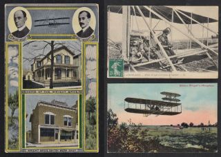 3 Vintage Postcards Of Wright Bros Home,  Shop & Flyer Airplane,  Circa 1909 - 13